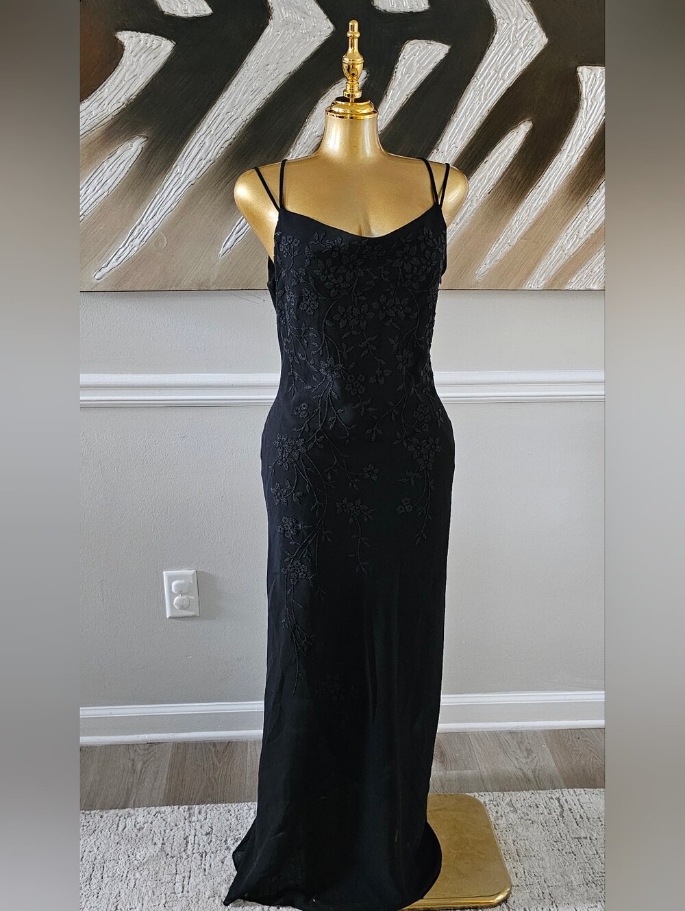 Vintage Dollar Black Embroidered Formal Gown Open Back Maxi Dress Women's Medium